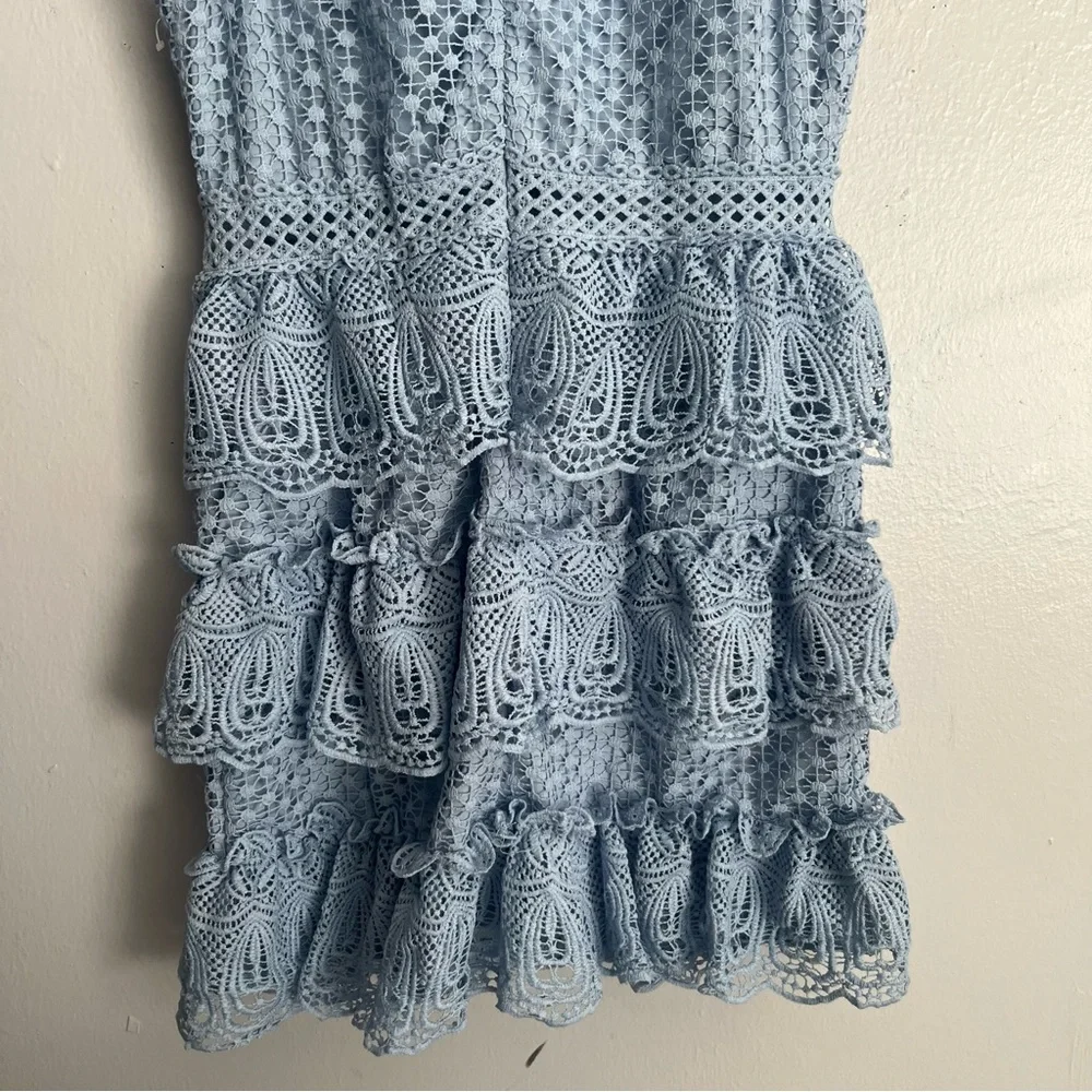 The Clothing Company Baby Blue Tiered Crochet Knit Lace Mini Dress - Picture 7 of 15